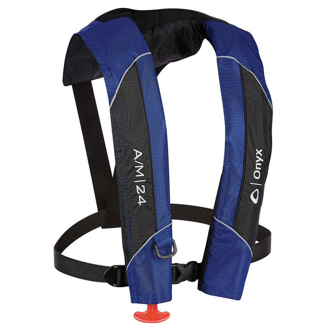 A/M-24 auto manual life jacket: blue with black straps, red pull cord, adjustable belt.