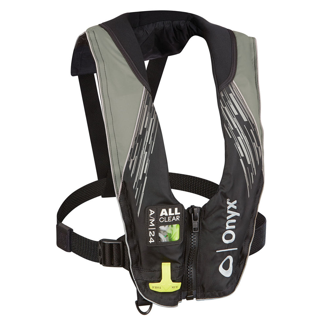 A/M-24 All Clear black/gray life jacket with harness and automatic/manual inflation.