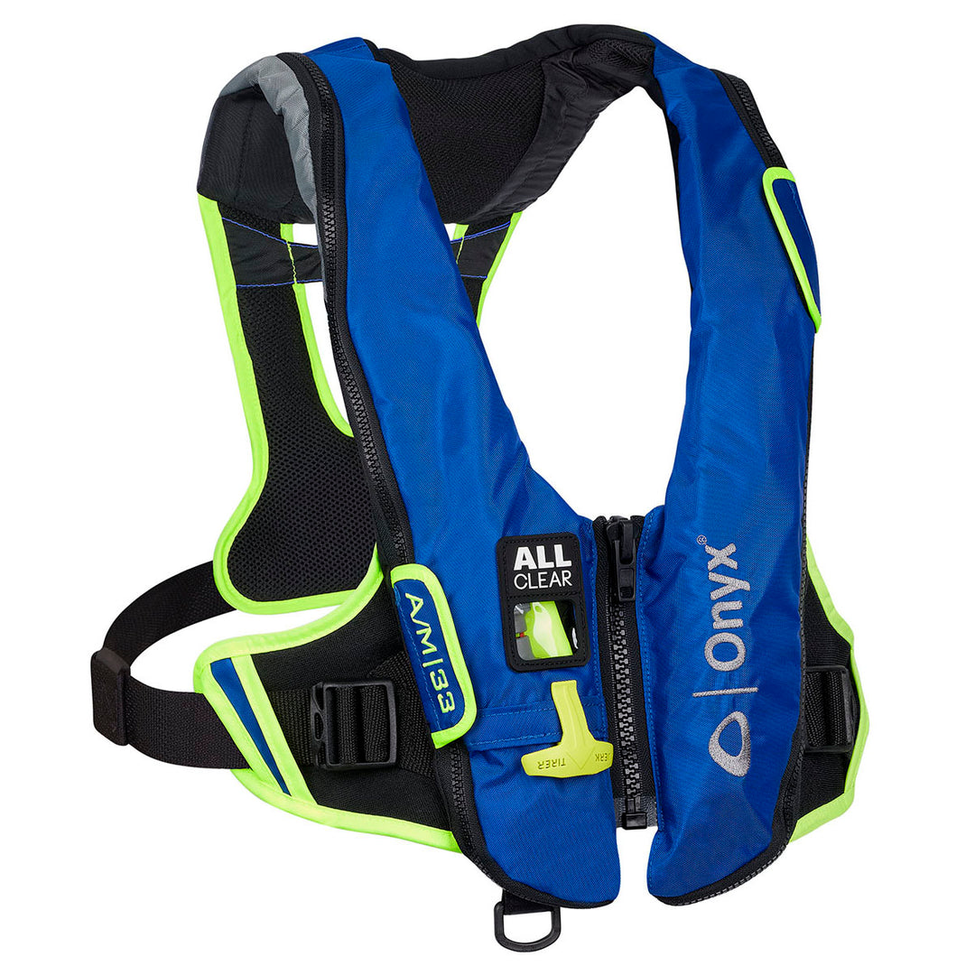 Blue and black Impulse A/M-33 life jacket with green accents, SOLAS reflectors, and Onyx logo.