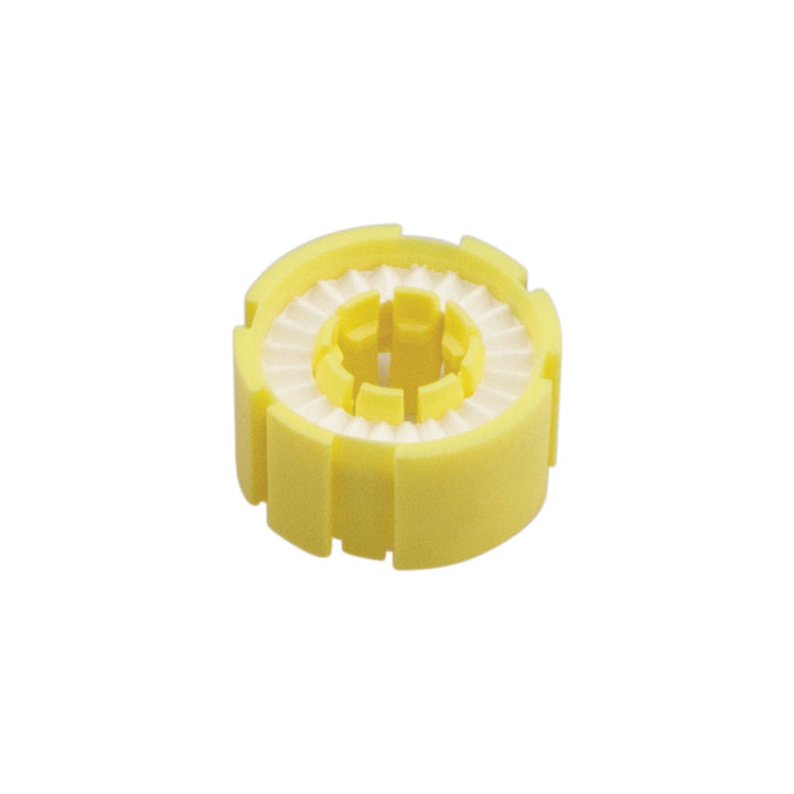 Inflatable life jacket replacement bobbin with yellow and white interlocking plastic teeth.
