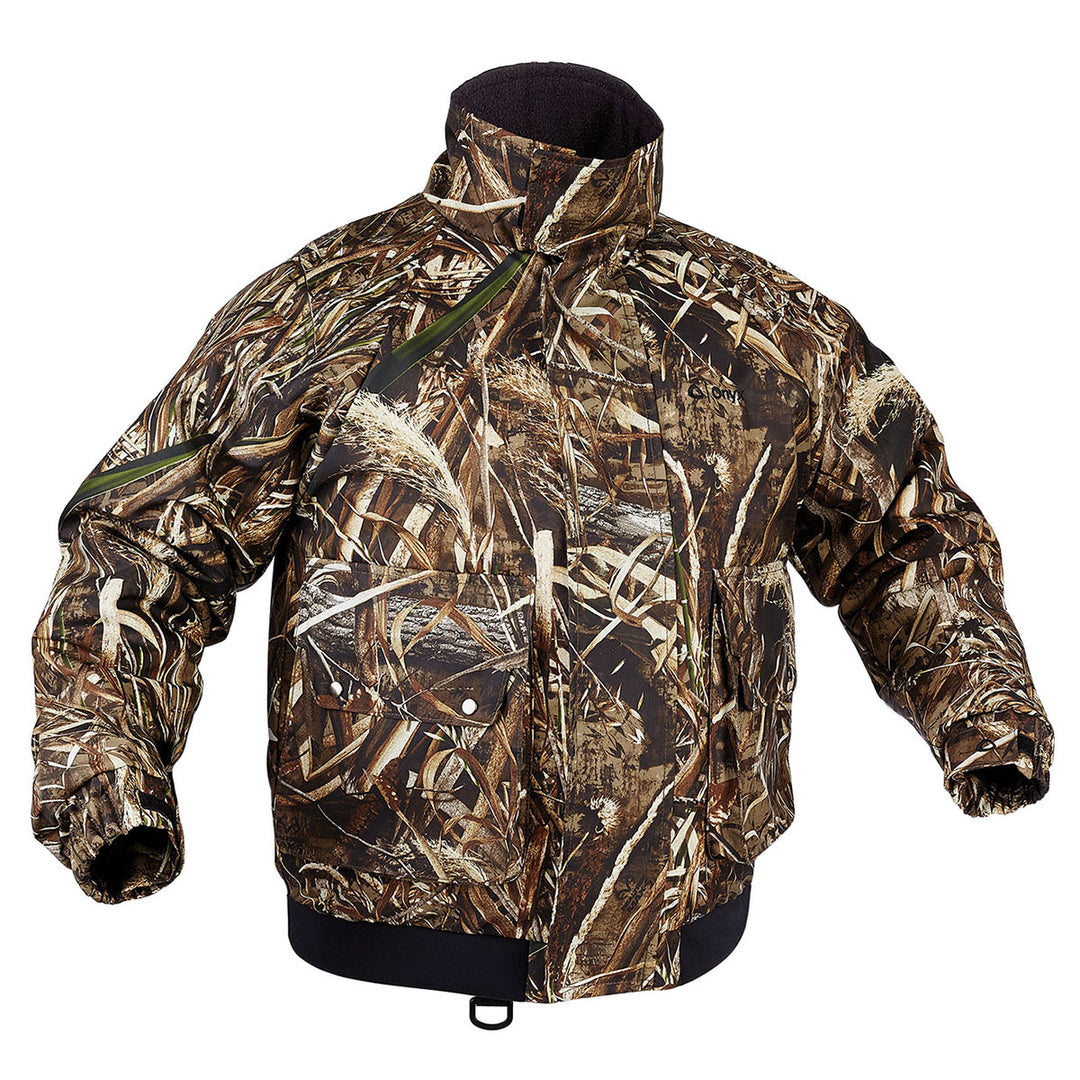Camouflage Flotation Jacket with high collar, multiple pockets, and hypothermia protection.