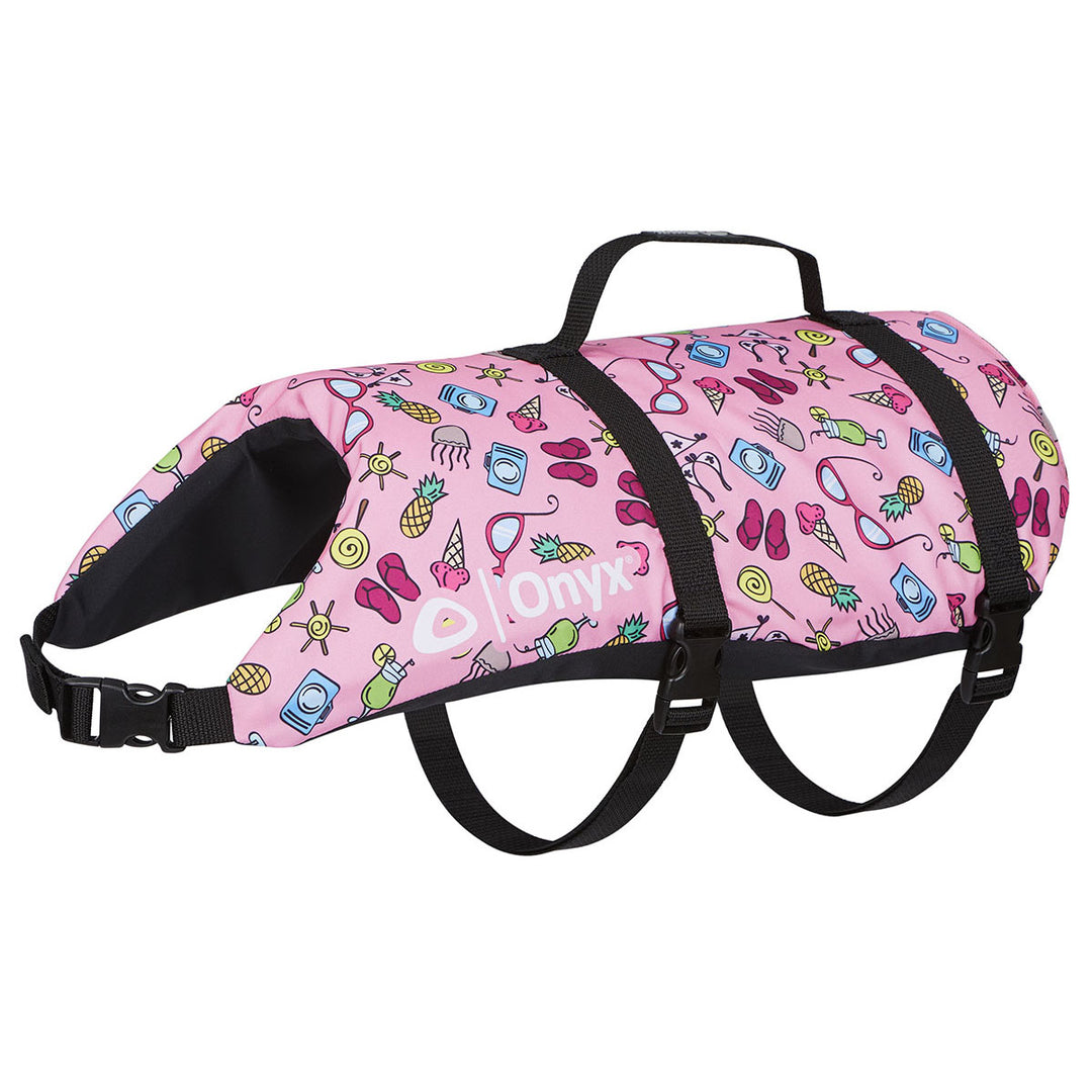 Pink Nylon Pet Vest with playful pattern, quick release buckles, and black straps.