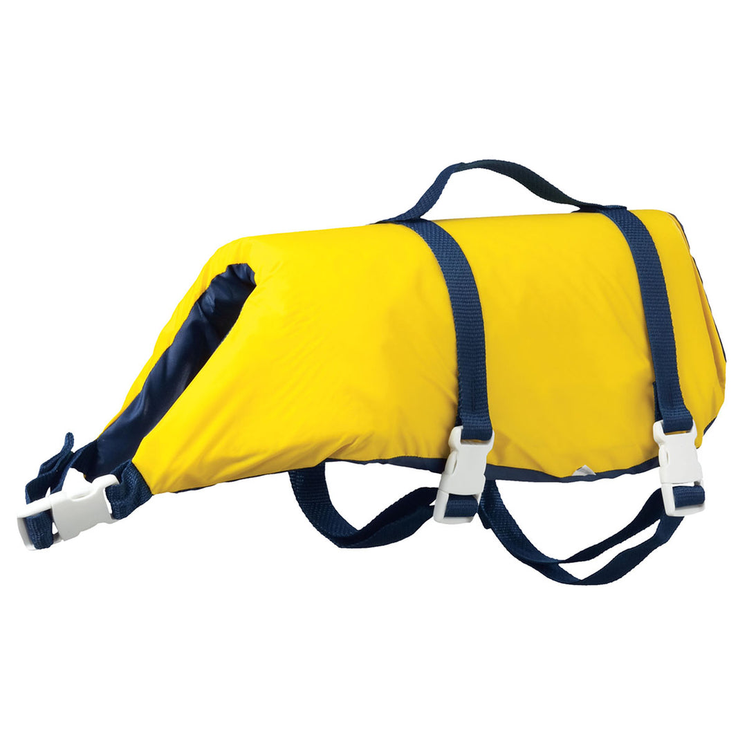 Yellow Nylon Pet Vest with blue straps and quick release buckles.