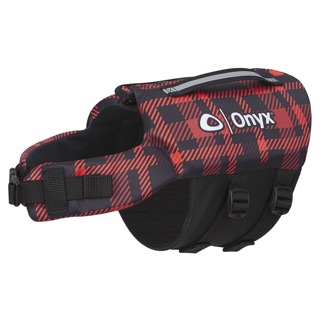 Rapid-Dry Pet Vest: Red/black checkered, logo, black straps, adjustable body belts.