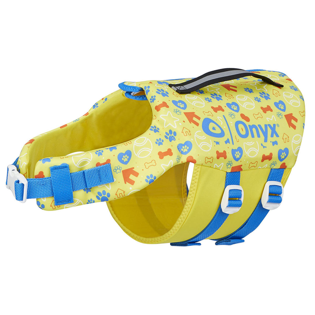 Rapid-Dry Pet Vest: Yellow/blue, patterns, reflective material, top handle.