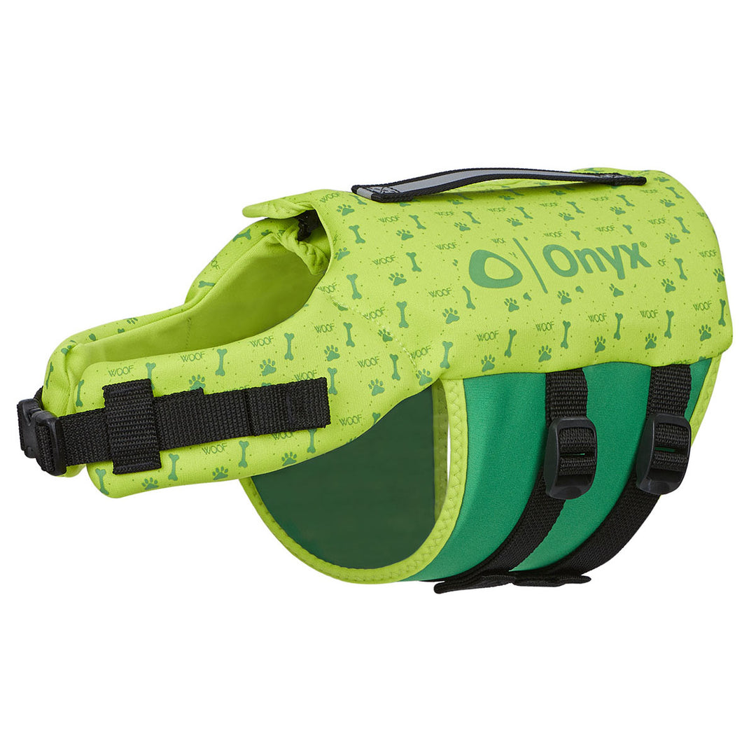 Bright green Rapid-Dry Pet Vest with playful patterns, reflective material, and black straps.
