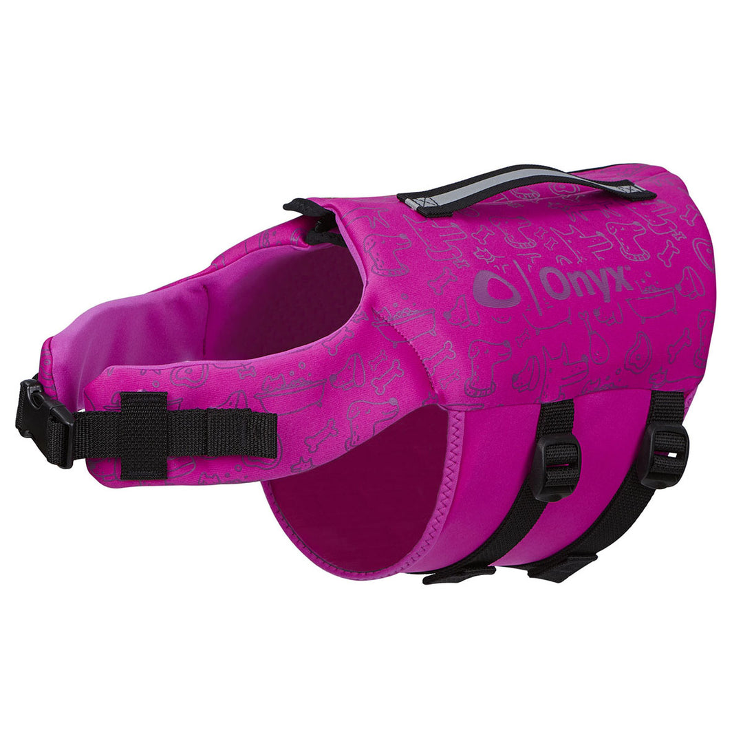 Rapid-Dry Pet Vest: Pink dog life jacket, adjustable black straps, and doodle patterns.
