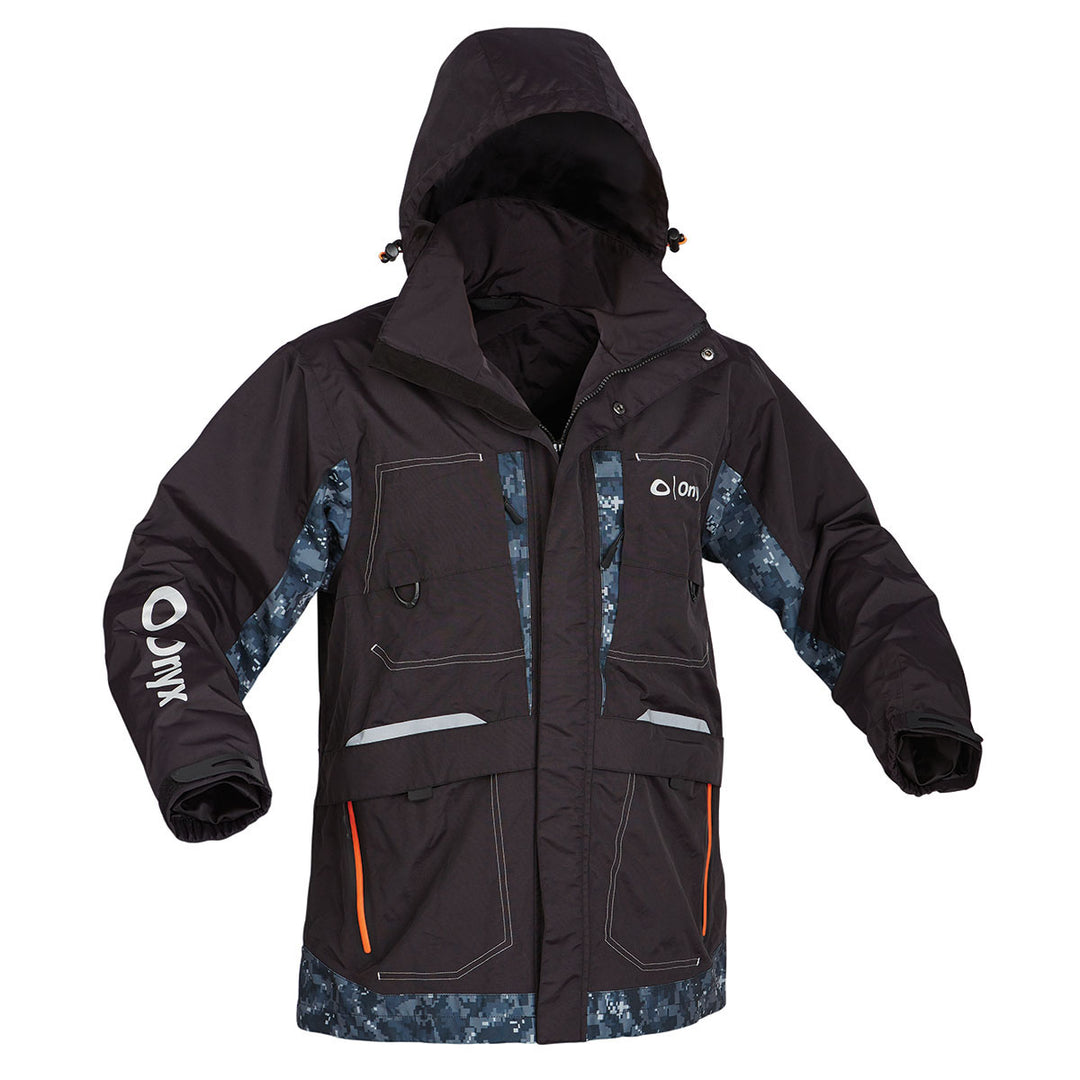 Thunder Rage Jacket: black/camo waterproof with hood, reflective accents, multiple pockets.