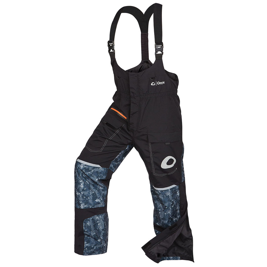 Thunder Rage Bib: Black/blue waterproof snow pants, breathable fabric, adjustable suspenders.