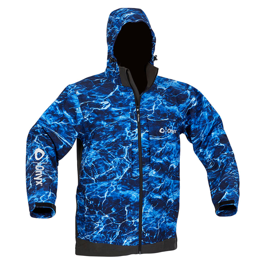 Hydrovore Jacket: Waterproof blue camo with adjustable hood and water pattern.