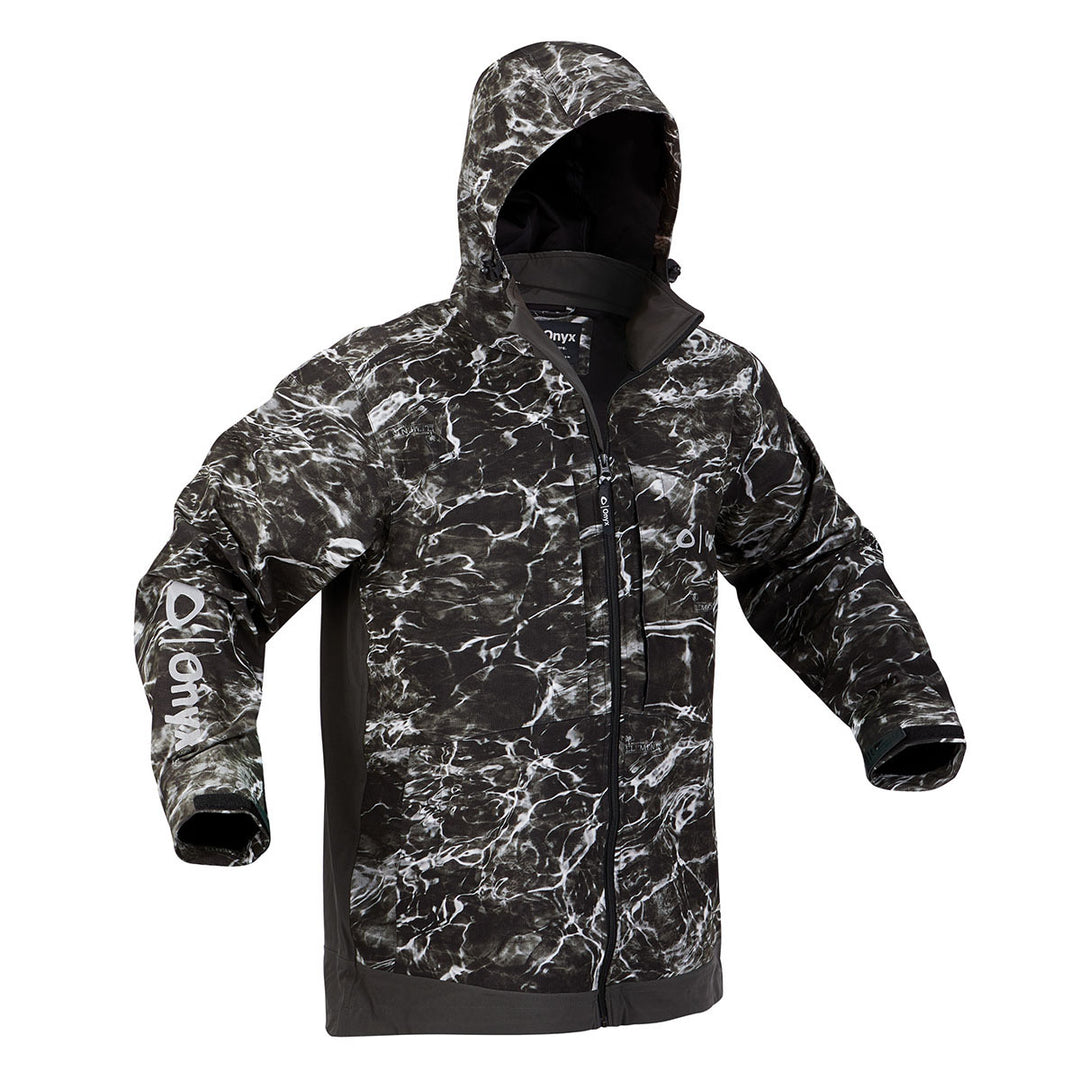 Hydrovore Jacket: waterproof, marble camo pattern, breathable laminate, front view.