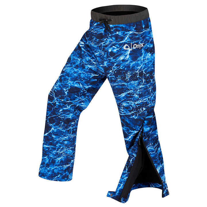 Hydrovore Pant: Lightweight blue camo martial arts pants with black waistband and side slits.