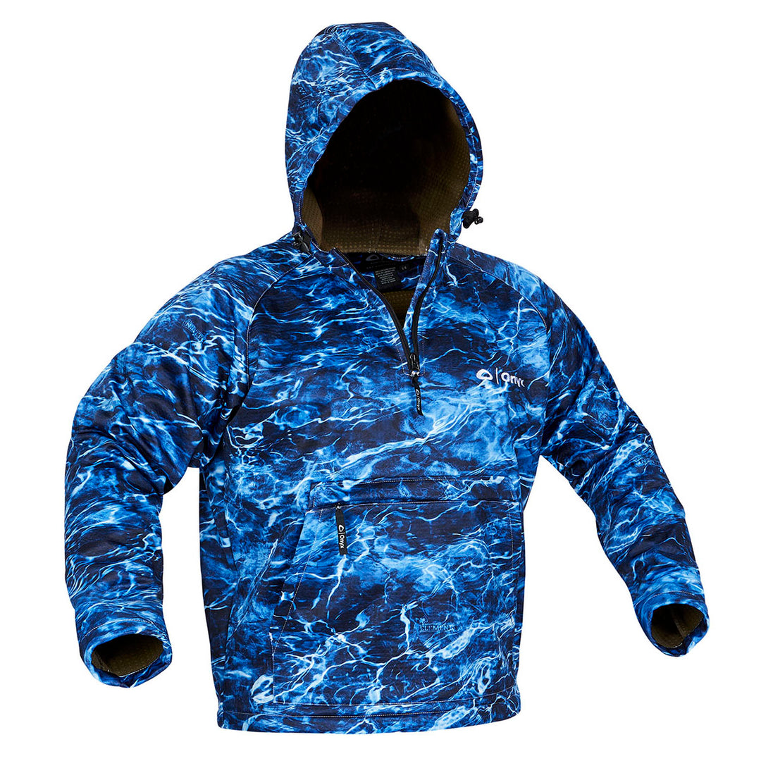 Ocean-patterned Performance Hoodie with zippers, fleece interior, and front pocket.