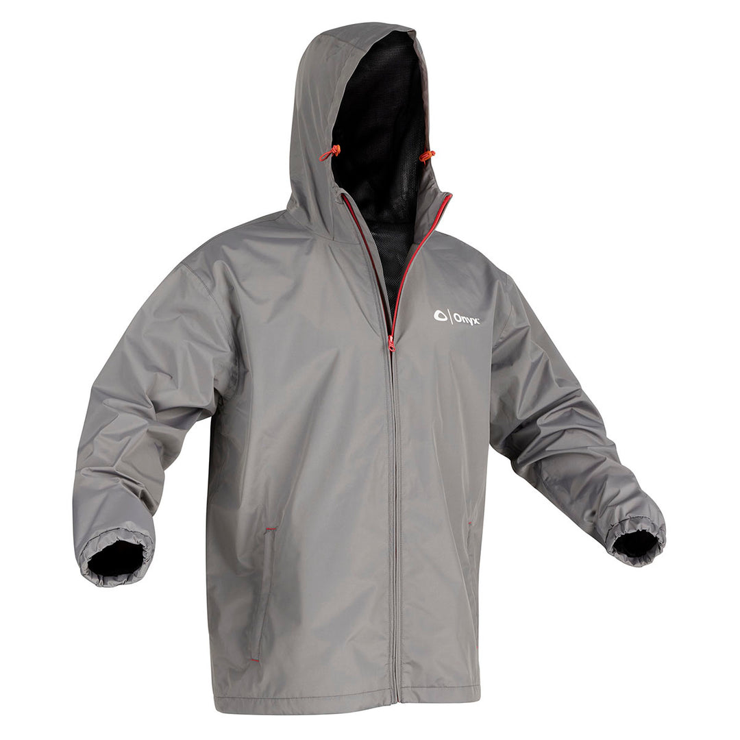Essential Jacket, gray with red zippers, windproof, shown on an invisible mannequin.