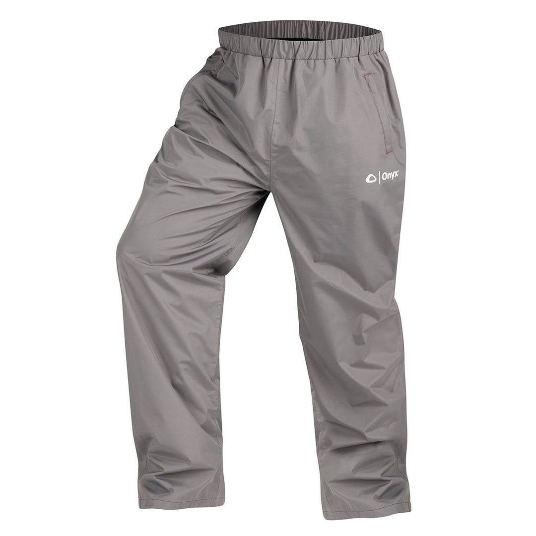 Essential Pant in gray, waterproof & windproof with elastic waist and logo on the upper left.
