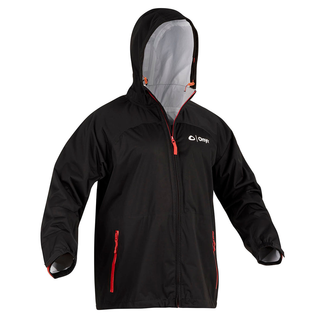 Hydromax Jacket: Black, waterproof, hooded, with red zippers, displayed neatly.