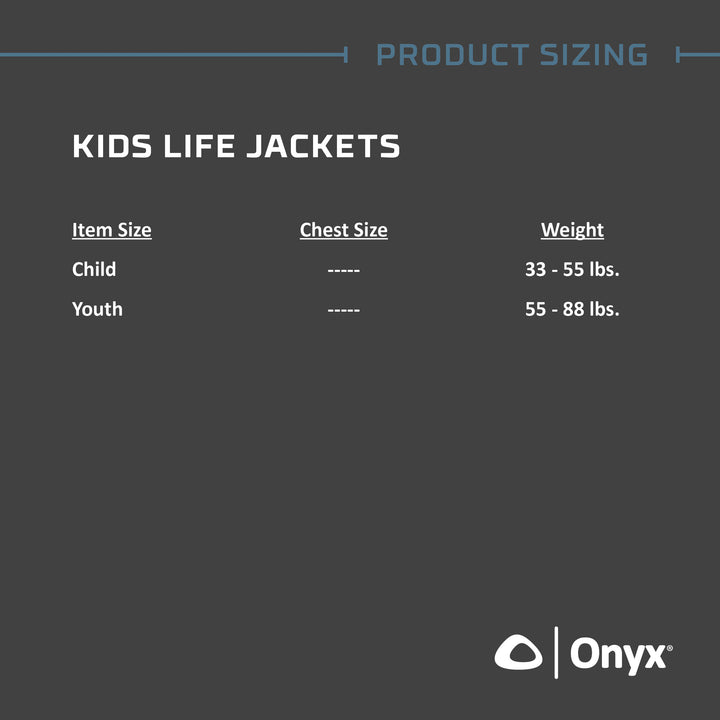 Onyx Youth Life Jacket size chart with adjustable belts, Coast Guard approved.