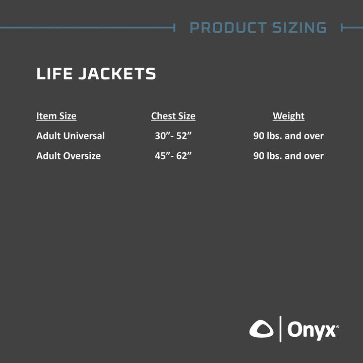 Size chart for Kayak Fishing Life Jacket, with logo and US Coast Guard approved padding.