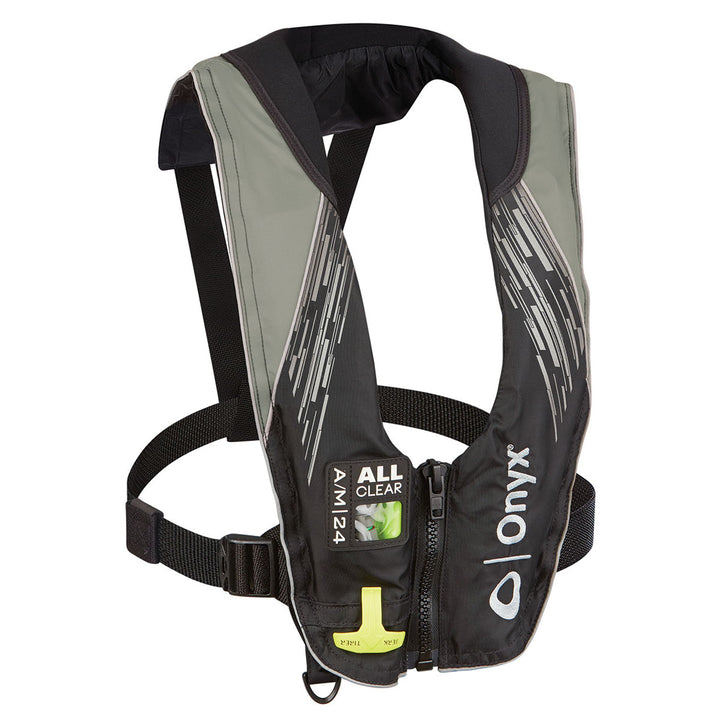 Black and Grey pull to inflate life vest - Front view